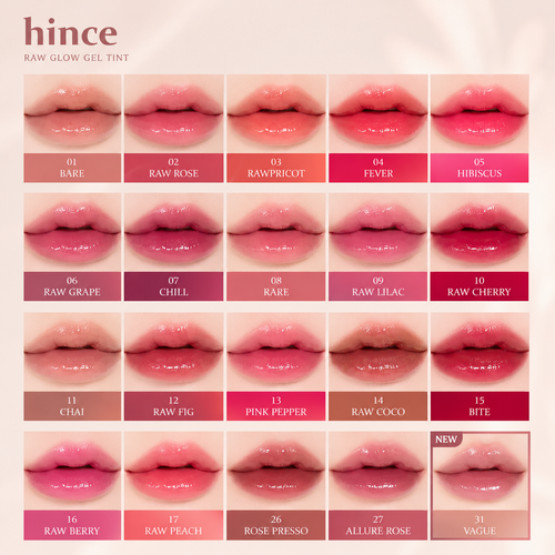 hince Raw Glow Gel Tint shade guide